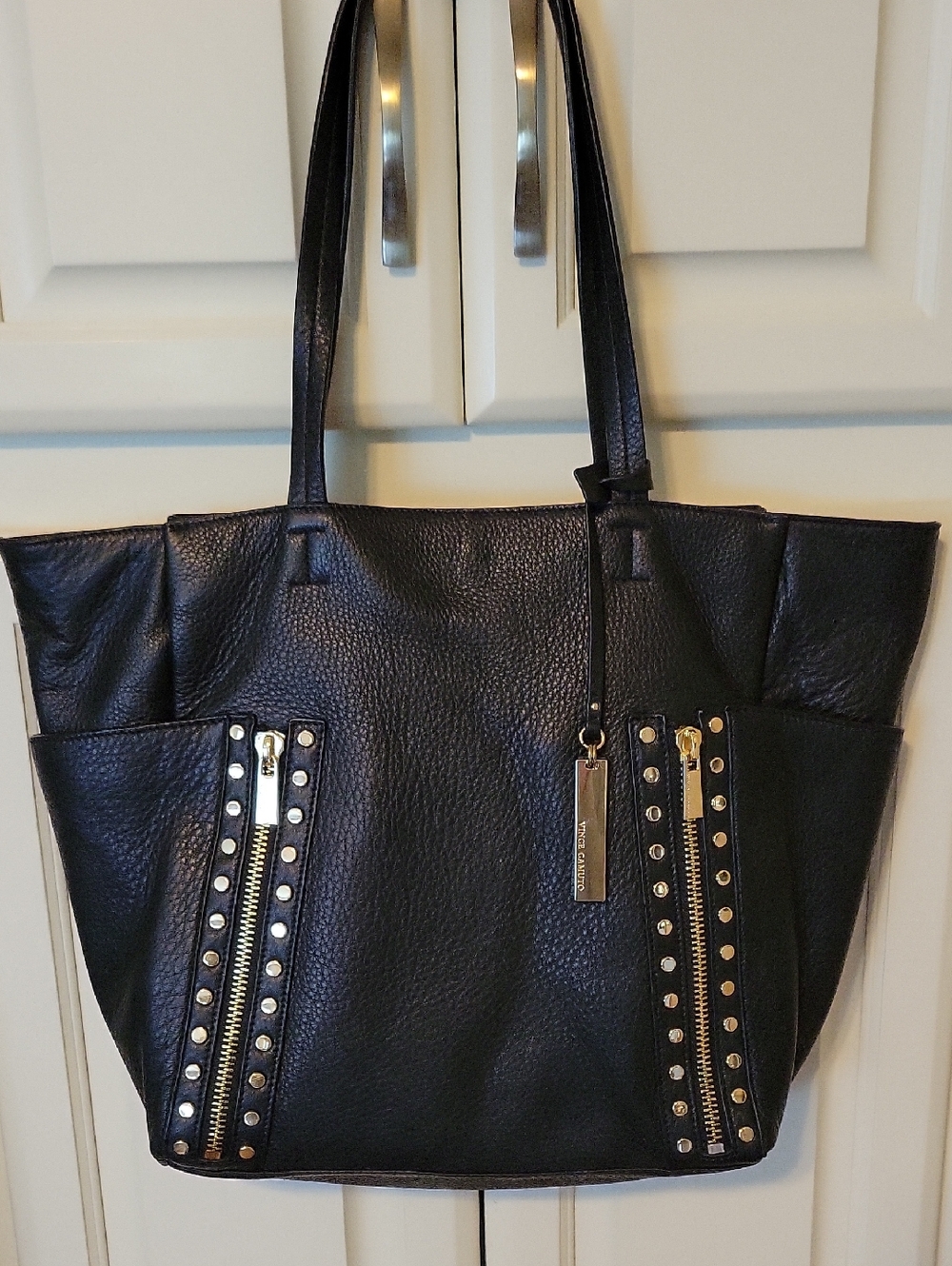 Vince Camuto Black Leather Tote with Gold Studs